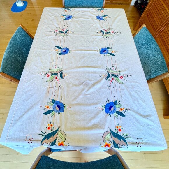 Vintage Other - Gorgeous Colourful Floral Embroidered Large Tablecloth